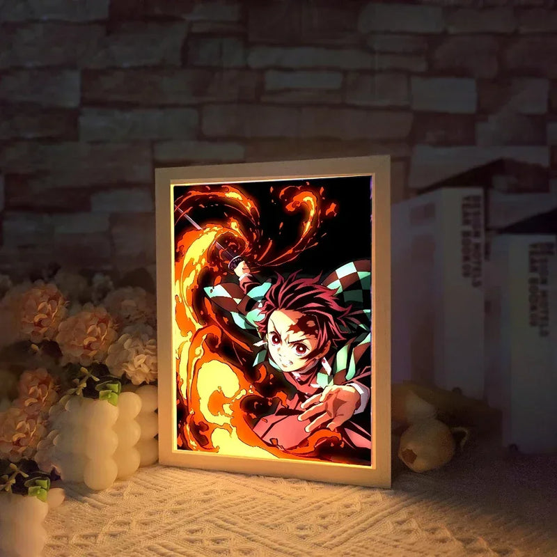 Load image into Gallery viewer, Anime Light Painting Kyojuro Rengoku Kimetsu Demons Slayer Led Photo Frame for Living Room Wall Art Hoom Deco No Yaiba Kids Gift
