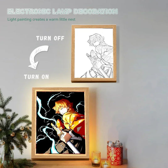 Anime Light Painting Kyojuro Rengoku Kimetsu Demons Slayer Led Photo Frame for Living Room Wall Art Hoom Deco No Yaiba Kids Gift