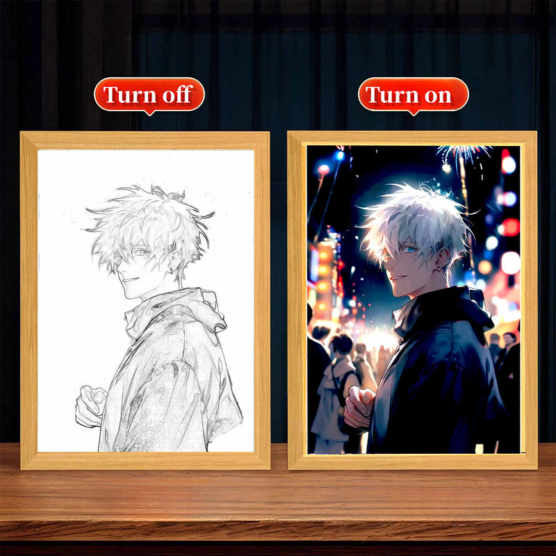 Load image into Gallery viewer, Jujutsu Kaisen Light Painting Anime Satoru Gojo Night Light Photo Frame Cartoon Figure Bedroom Home Decor Friends Gift Moon Lamp
